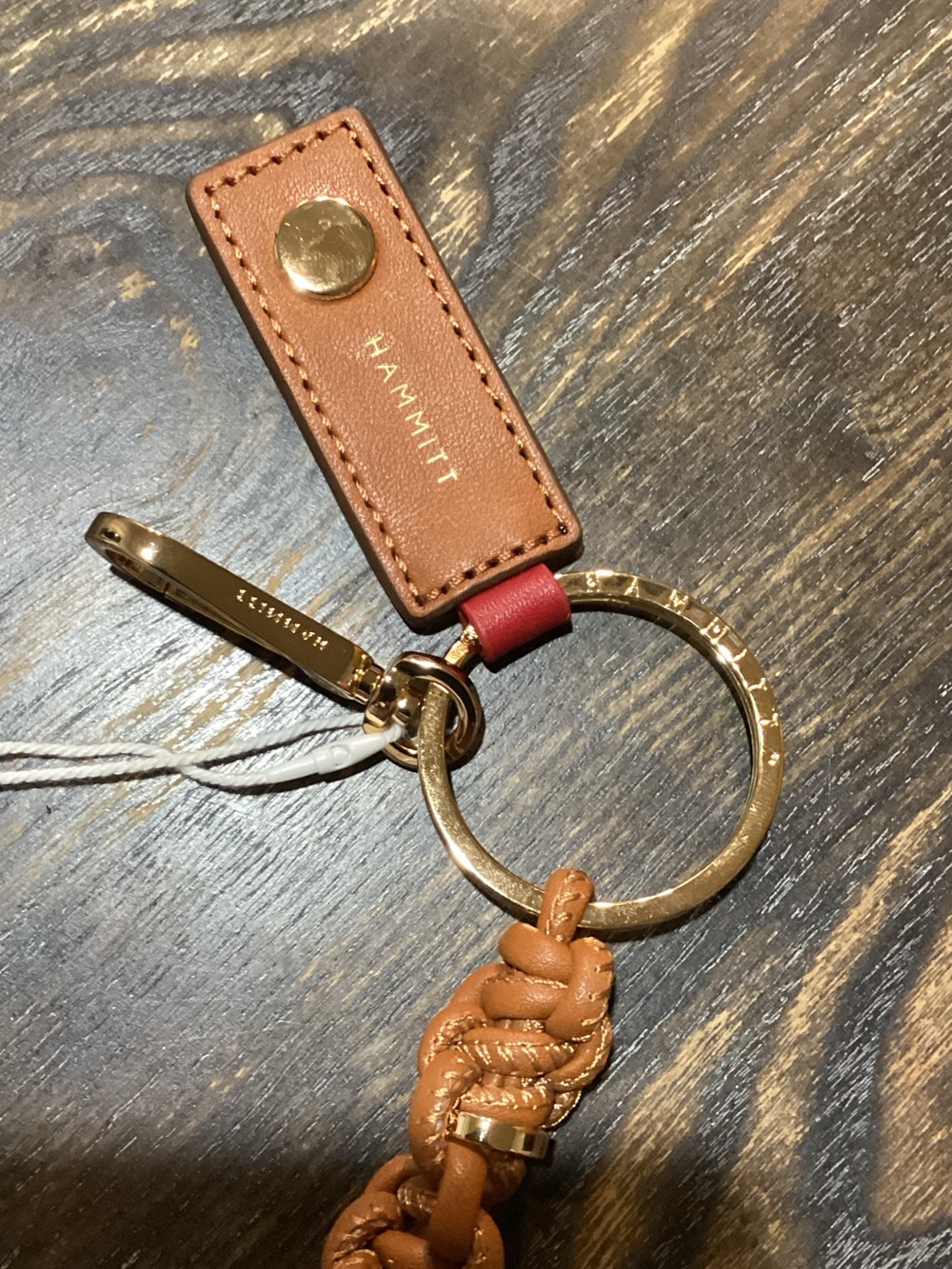 Hammitt Tan Braided Leather Keyring Bag Charm with Gold Hardware and Red Accent - Picture 2 of 5
